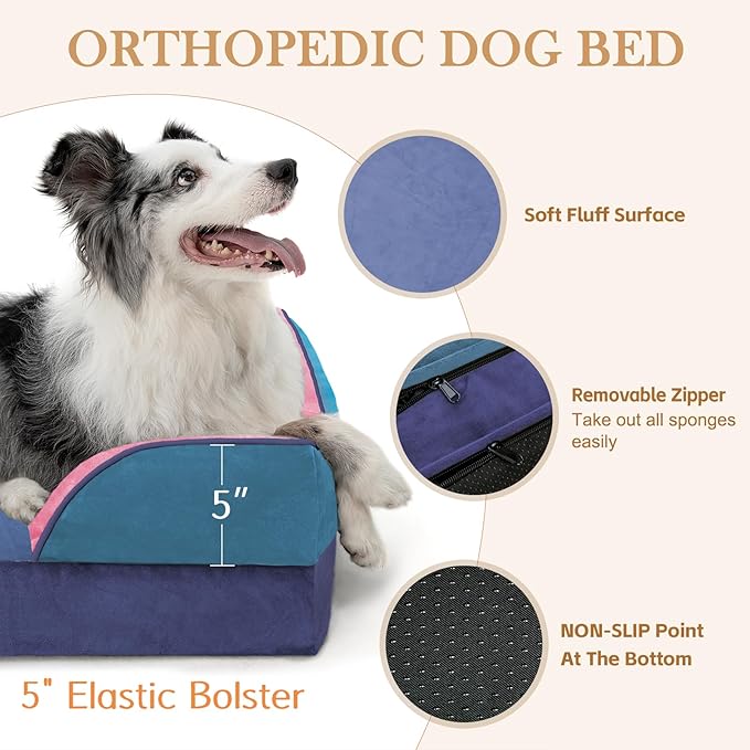 Comfort Expression Orthopedic Dog Bed for Extra Large Dogs 45x35 Inch Waterproof Egg Crate Foam XL Pet Bed with Removable Bolsters Dog Couch with Washable Cover &amp Non-Slip Bottom Enchanted Cove