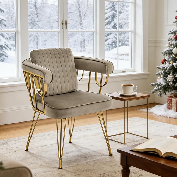 Makeup Vanity Chair with Gold Back No Wheels Accent Velvet Desk Chairs with Extra Lumbar Pillow for Girls Bedroom Dressing Room Nail Salon Living Room Greyish Brown
