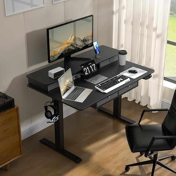 Electric Standing Desk 48 * 30 Inches Adjustable Height with 4 Drawers Double Storage Shelves Home Office Workstation Sit Stand up Desk (Classical Black)