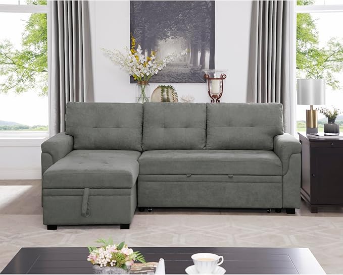 Naomi Home Laura Reversible Sleeper Sectional Sofa Storage Chaise Gray/Velvet