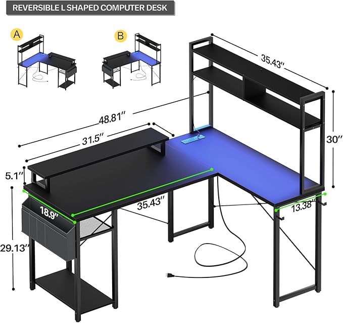 Aheaplus Small L Shaped Gaming Desk with LED Lights &amp Power Outlets Reversible L-Shaped Computer Desk with Monitor Stand &amp Storage Shelf Corner Desks Home Office Desk with Storage Bag Black