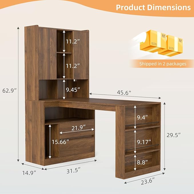 L Shaped Desk with Hutch and 2 Drawers Computer Desk with USB Ports Power Outlets &amp LED Light Wood Corner Computer Desk with Storage Shelves for Home Office Brown