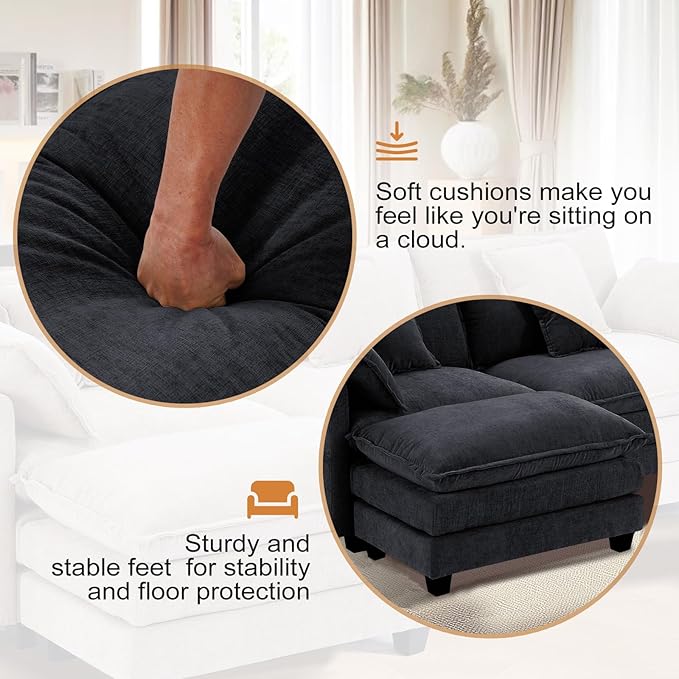 Furniliving 46‘’ Oversized Chair with Ottoman Luxury Chenille Single Sofa Upholstered Deep Seat Chaise Lounge with Pillows for Living Room Bedroom Apartment Black