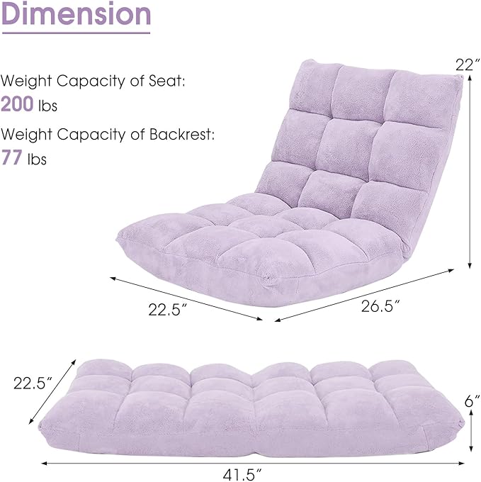 Giantex Floor Chair with Back Support 14 Adjustable Position Padded Sleeper Bed Couch Recliner Folding Gaming Floor Chairs for Adults Living Room Bedroom Yoga Meditation Light Purple