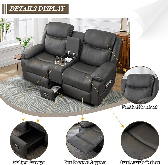Loveseat Recliner Reclining Sofa with Console Double Reclining Couch 2 Seater Manual Massage Couch for Living Room Office Home Theater(PU-Grey)