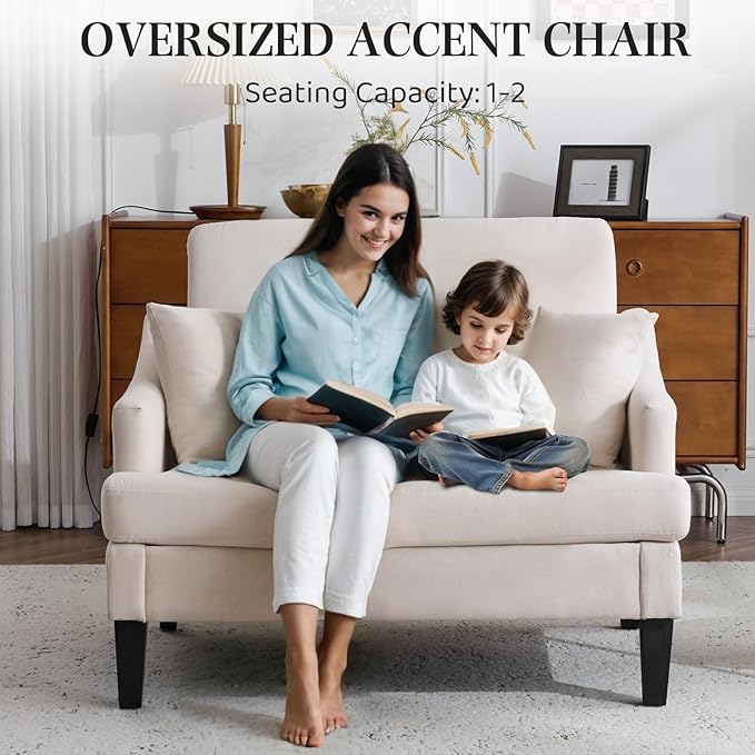 Bezseller Oversized Accent Chairs Set of 2 41'' Wide Accent Chairs with 2 Pillows for Living Room &amp Bedroom Modern Reading Chair Upholstered Single Sofa Chair Comfy Living Room Chair Beige