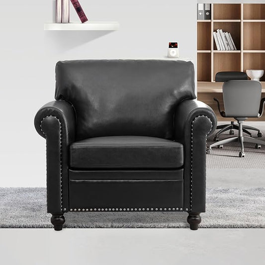 Black Faux Leather Accent Sofa Chair with Rivet Rolled Arm Modern Mid Century Wingback Club Chair for Living Room Apartment Office Easy Assembly (Black PU One Chair)