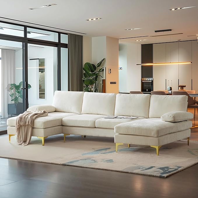 VINGLI 110 Large U-Shape Sectional Sofa Couch with 51 D Double Chaise for Living Room Modern Sectional Couch Set with Soft 5.9 Thickness Seating Padding Chenille FabricMetal Gold Legs(Beige)