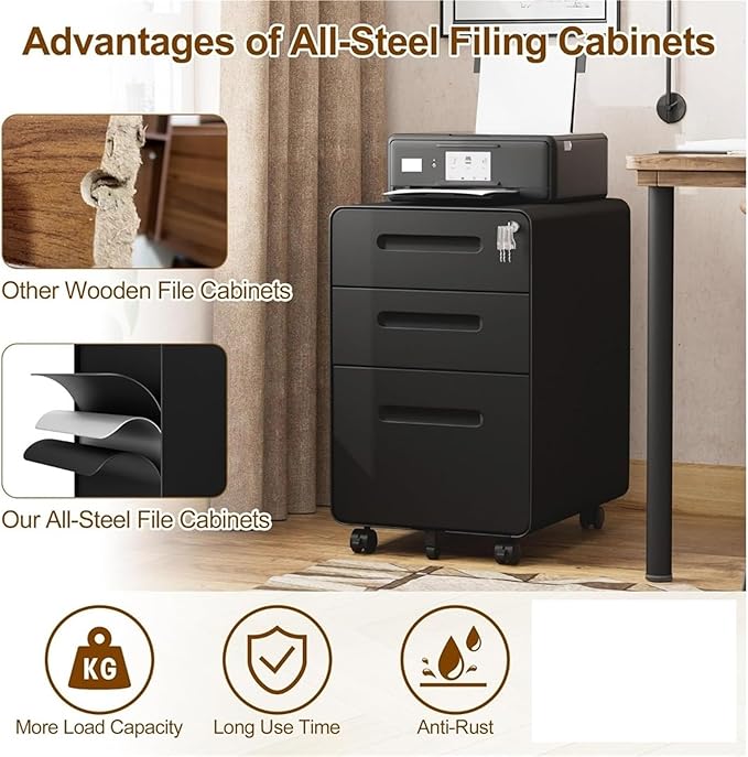 Mobile File Cabinet 3 Drawers File Cabinet Mobile Filing Cabinet with Lock Steel Fully Assembled Except Casters for Home Office for A4 Letter(White)