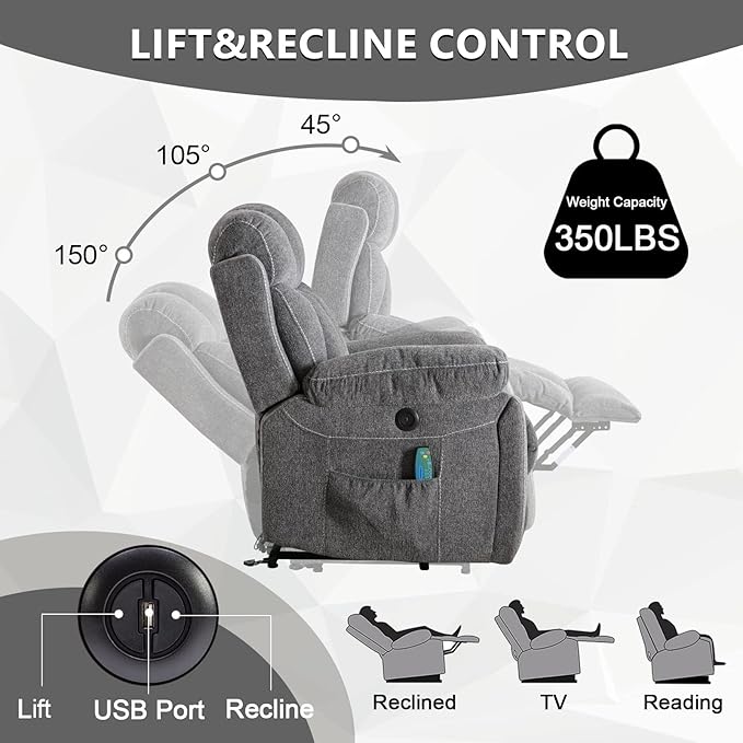 CANMOV Large Power Lift Recliner Chairs with Massage and Heat for Elderly Big People Heavy Duty Motion Reclining Mechanism-Anti Skid Fabric Recliner Chair with 2 Concealed Cup HoldersDark Gray