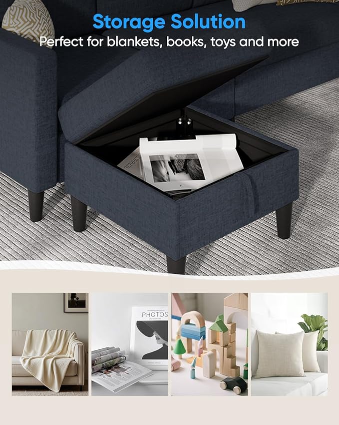 76 Inch L Shaped Sectional Sofa Modern 3 Seater Couch with Storage Ottoman Linen Convertible Sectional L Shape Couches for Living Room Apartment and Small Space