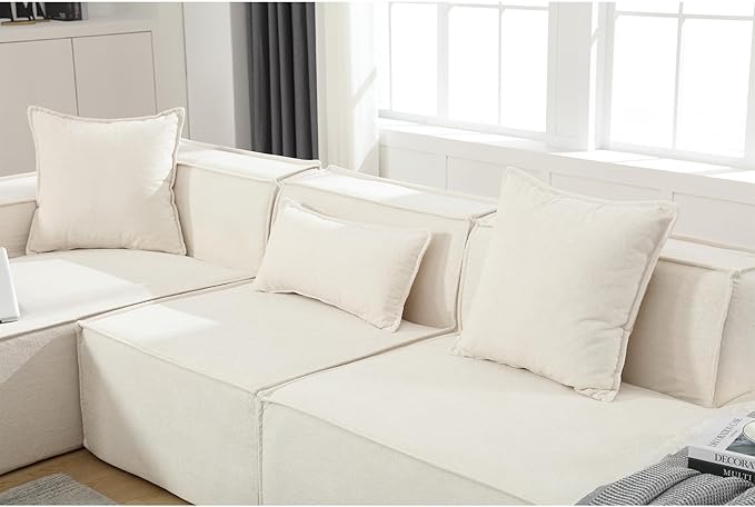 129.5'' Towelling Fabric L-Shaped Modular Sectional Sofa Tofu Block Floor Sofa with 3 Pillows for Living Room (Beige Left-Hand Facing)