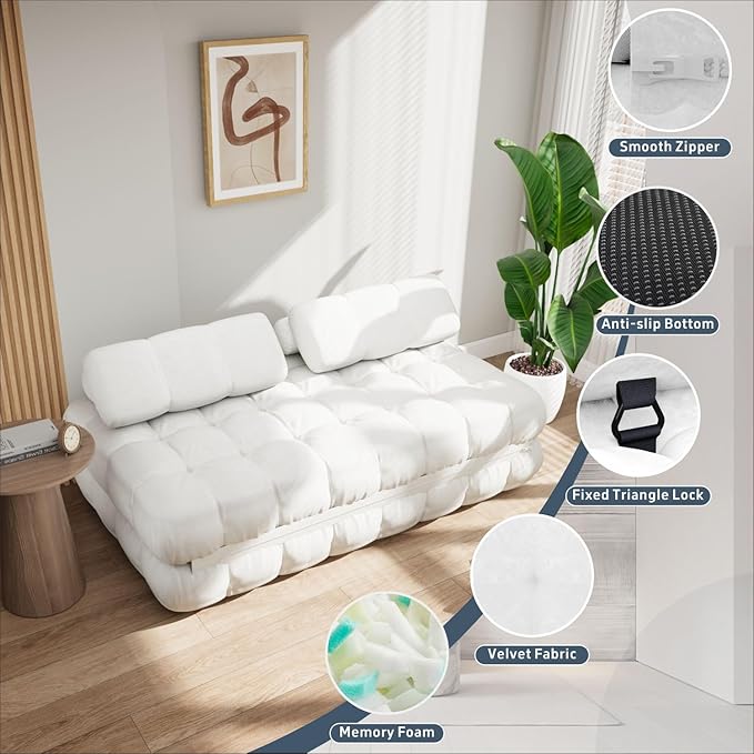 3-in-1 Convertible Sofa Bed 59.1 Folding Loveseat Sleeper Chair with Pillows Portable Fold Out Boneless Couch Lounge Comfy Velvet Floor Mattress for Living Room Bedroom - White Full