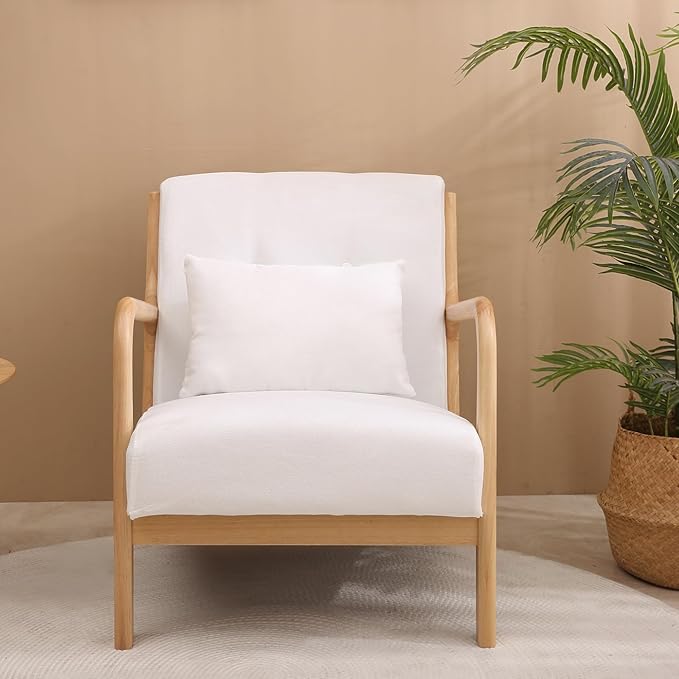 Mid Century Modern Accent Chair with Wood Frame Living Room Chairs with Waist Cushion Bedroom Chair with Arm for Reading (Beige)