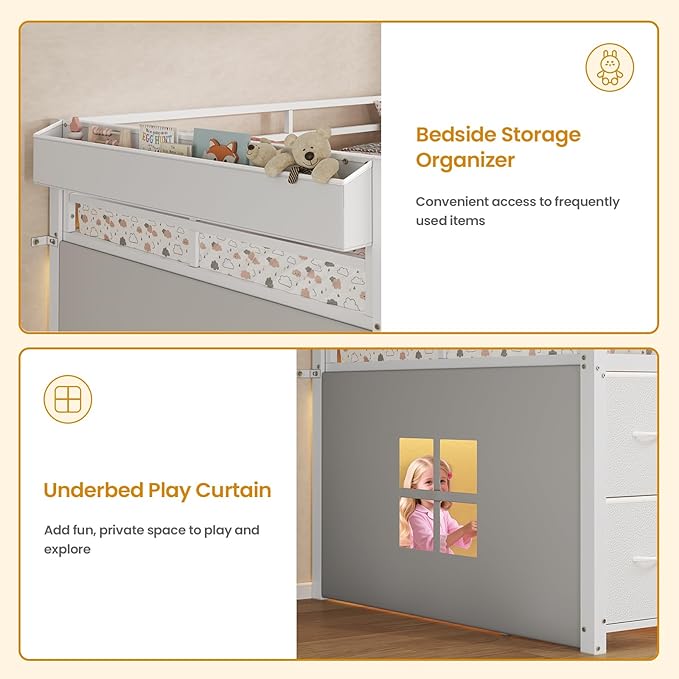 ADORNEVE Low Loft Bed Twin Size with 7 Storage Drawers Bookcase and LED Lights Metal Kids Loft Bed with 14 H Safety GuardrailInclined Ladder and Play Curtain Under-Bed Play Space White