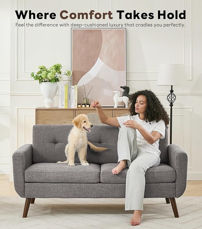 Tbfit 65 W Loveseat Sofa with Ottoman Coffee Table Mid Century Modern Love Seat Couches for Living Room Button Tufted Upholstered Small Couch for BedroomEasy to Install Love Seats Furniture Gray