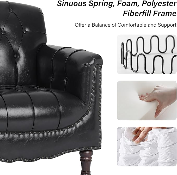 Faux Leather Accent Chair PU Leather Modern Comfy Upholstered Armchair with Wood Legs &amp Nailhead Trim for Living Room Bedroom (Black BlueSet of 1)