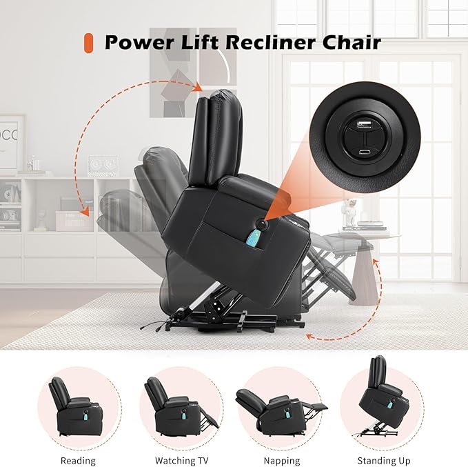 CANMOV Leather Power Lift Recliner Chair for Elderly Lift Chair Single Sofa with Massage and HeatingElectric Lift Recliner with Cup Holders USB Port for Living RoomBlack