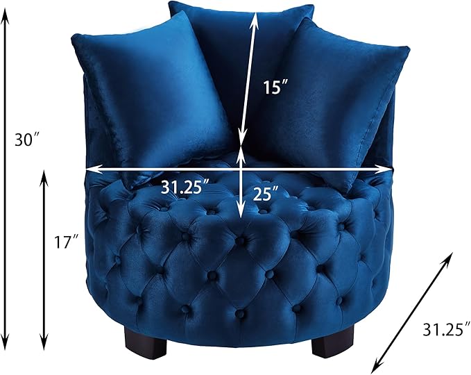 Velvet Accent Lounge Chair - 31.25''W Upholstered Button Tufted Velvet Barrel Chair with 3 Pillows with Button Tufted Modern Round Club Chair Reading Sofa Chair (Navy Blue)