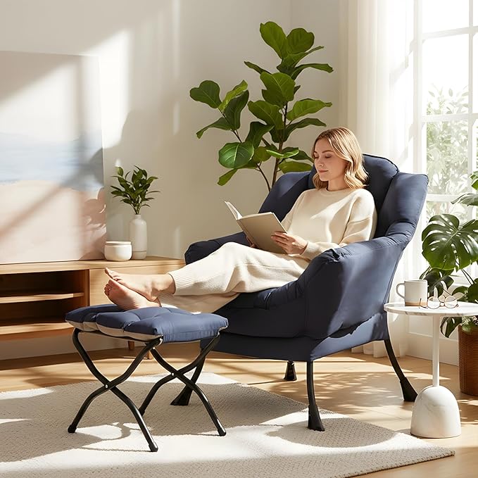 Lazy Chair with Ottoman Modern Lounge Chair with Lumbar Pillow Accent Cozy Reading Armchair and Folding Footstool for Bedroom Dorm Living RoomNavy