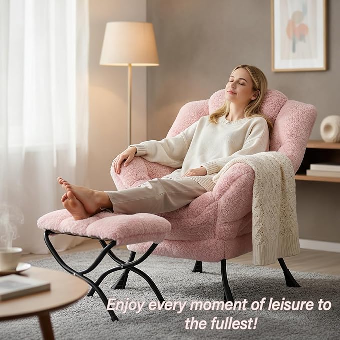 Lazy Chair and Ottoman Large Contemporary Plush Pink Accent Chair with Side Pocket Modern Leisure Upholstered Reading Armchair with Footrest for Office Bedroom Living Room Dorm Balcony