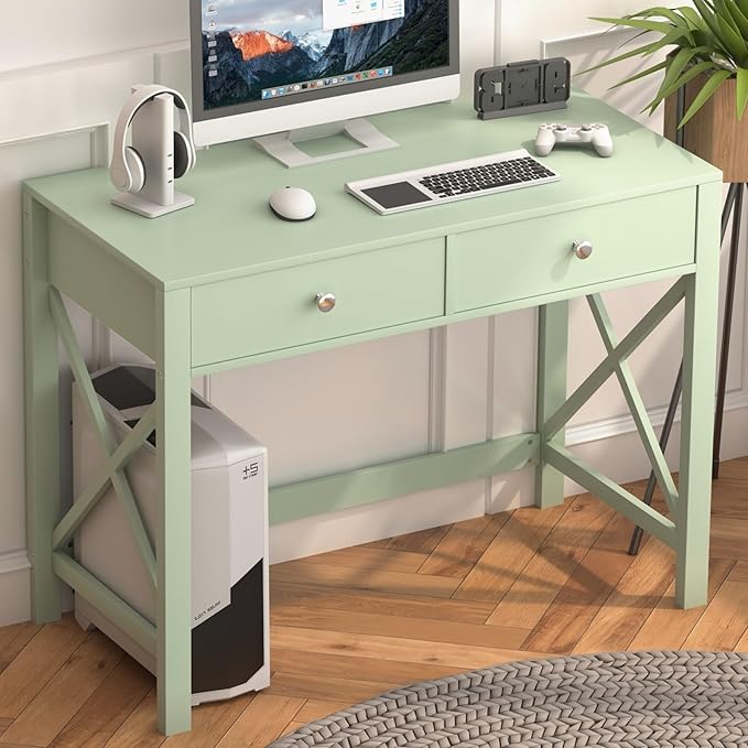 WiberWi Home Office Desk with Drawers Small Writing Computer Desk for Bedroom Modern Green Makeup Vanity Table for Girls Study Table for Home Office