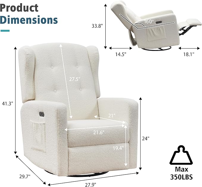Power Swivel Rocking Recliner Chair High Back Electric Rocker Nursery Glider Chair USB and Type-C Ports Upholstered Teddy Fabric Reclining Single Sofa Chair for Living Room (Teddy Beige)