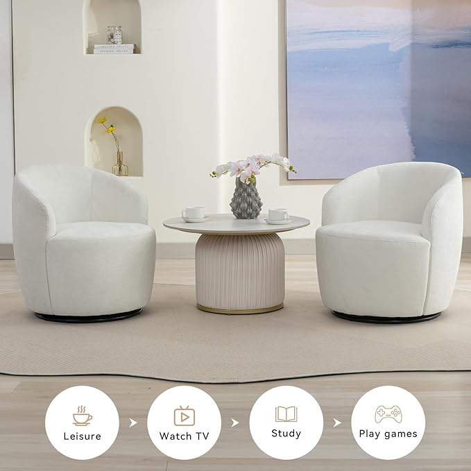 360 Degree Swivel Accent Chair Modern Barrel Vanity Chair with Back Comfy Single Circle Couch for Living Room Bedroom Reading Nook (Chenille White)