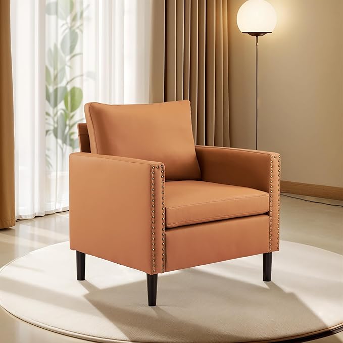 MOJAY Modern Accent Chairs Mid-Century PU Leather Armchair Living Room Chair for Bedroom Upholstered Comfy Sofa Chair with Wood Legs for Apartment Reading Room (Brown)