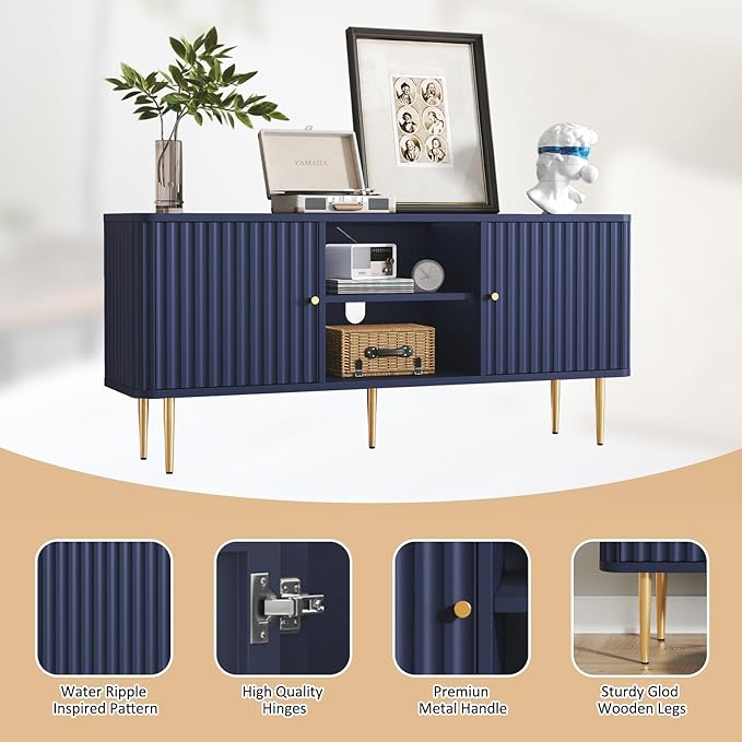 ARTPOWER 55” Fluted TV Stand Mid Century Modern Blue TV Stand for 55/60/65 inch TV Entertainment Center with Storage Television Stands TV Console Media Console for Living Room Bedroom (Blue)