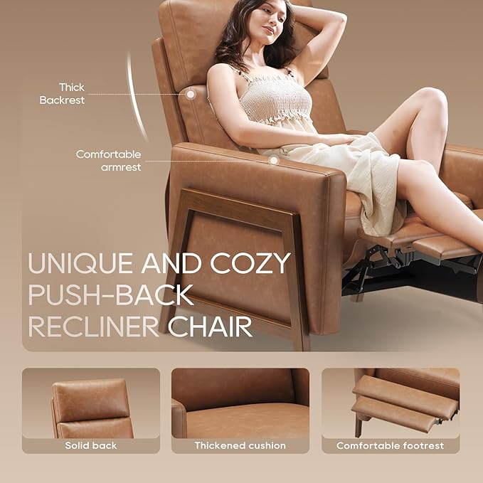 COLAMY Push Back Recliner Chair Set of 2 Upholstered Leather Recliner with Footrest 105-135 Degree Adjustable Comfy Modern Wingback Recliner for Living Room BedroomSmall Spaces Cocoa