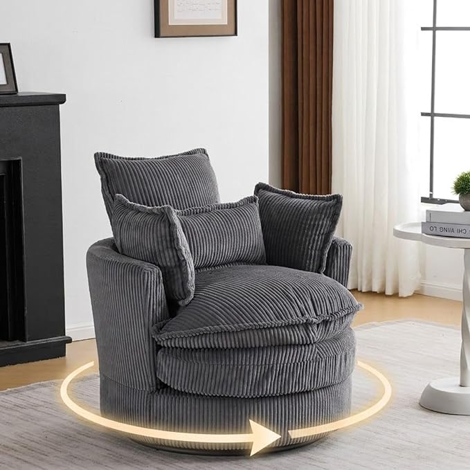 Karl home Swivel Barrel Chair-Corduroy360 Degree Modern Lounge Armchair ChairComfy Round Accent Single Sofa Chair with 3 Pillows for Living RoomBedroomLoungeHotelGrey