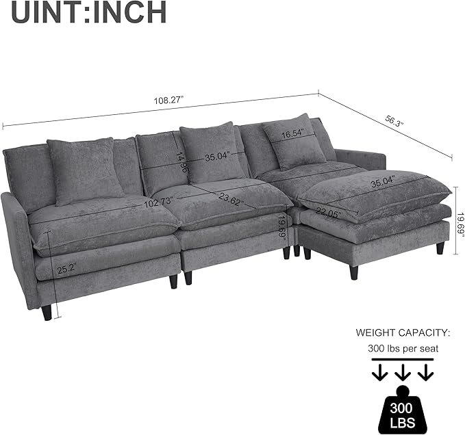 108.27 Modular Convertible Sectional Couch 4 Seat L Shaped Sofa Reversible Chaise Sectional Sofa Deep Seat Cloud Couch Chenille for Home Apartment Dorm