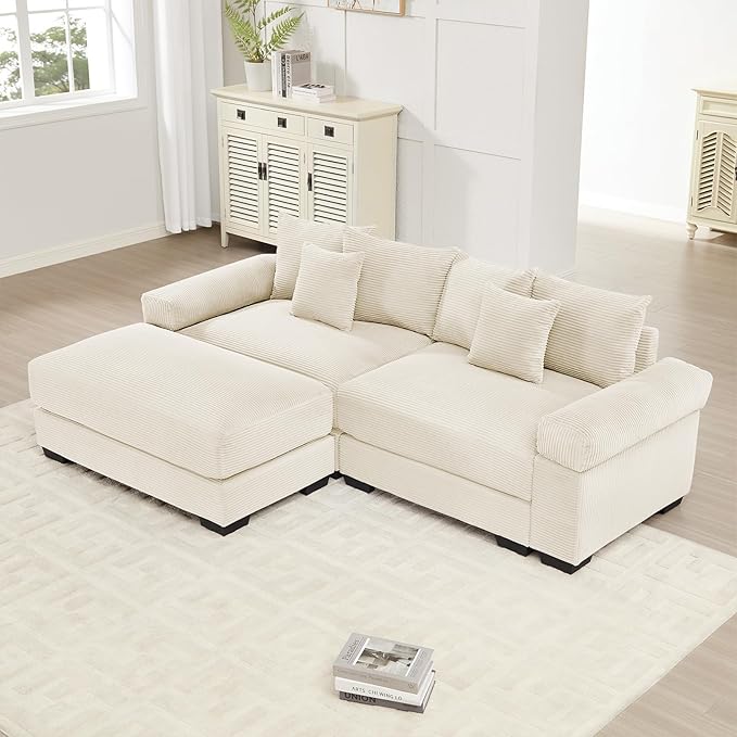 92 Corduroy Sectional Couches for Living Room Beige Comfy Oversized Sectional Sofa Set with Deep Seat Large Love Seat Couches with 1 Ottoman Sofas para Sala Loveseat Couch with Chaise Lounge