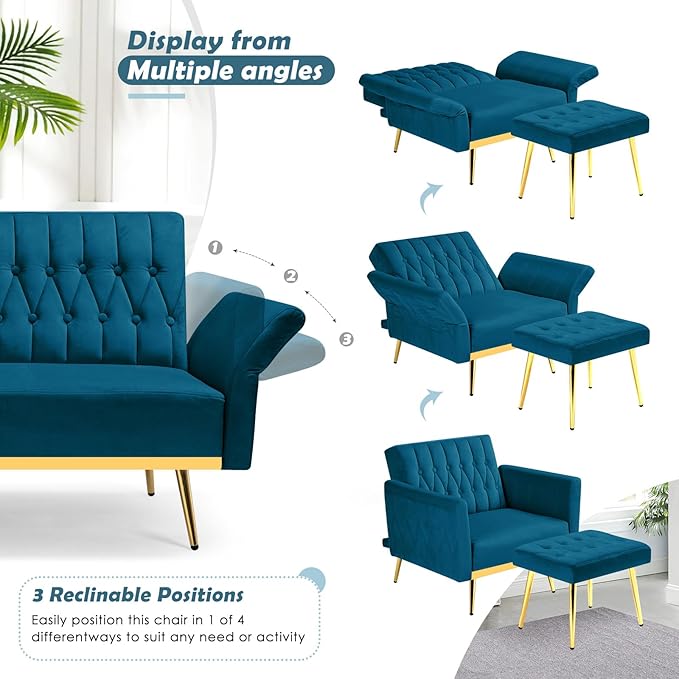 Velvet Accent Chair with Adjustable Backrest and Armrests Single Recliner Armchair with Ottoman and Golden Mental Legs for Living Room Bedroom and Waiting Room Teal