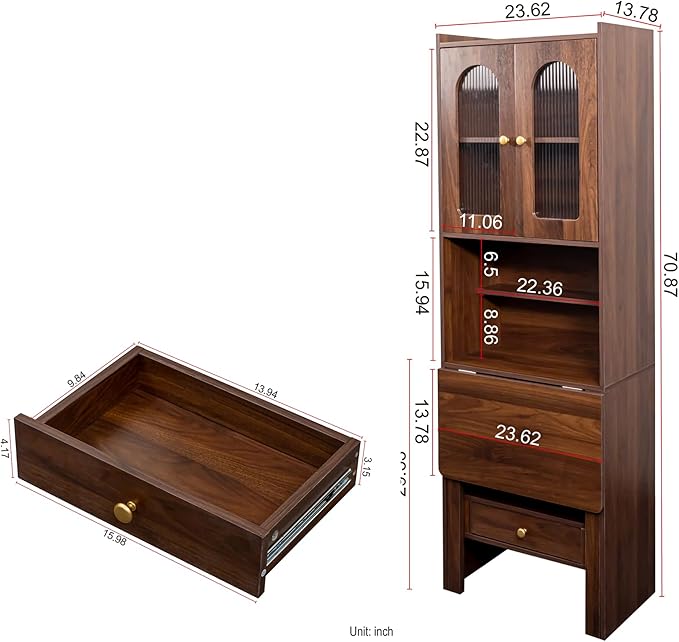 Fold Out Desk with Storage Hidden Desk Craft Storage Cabinet - Space Saving Fold Out Table with Drawer &amp Shelves 5-in-1 Multi-Functional Workstation for Home Office Living Room Bedroom (Walnut)
