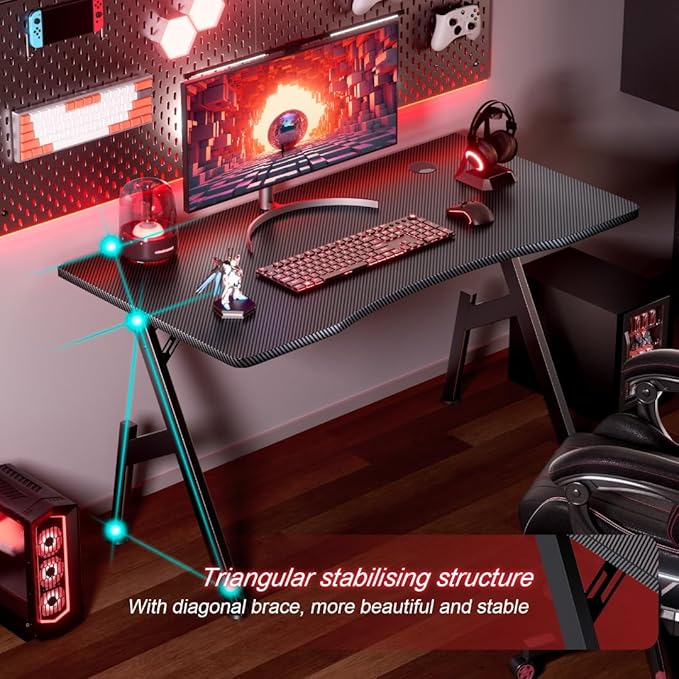 HLDIRECT 40 Inch Gaming Desk Small Computer Gaming Desk Table with Cable Management Ergonomic A Shape Modern Carbon Fiber Gamer Table Pc Workstation Home Office Desks for Small Space Black