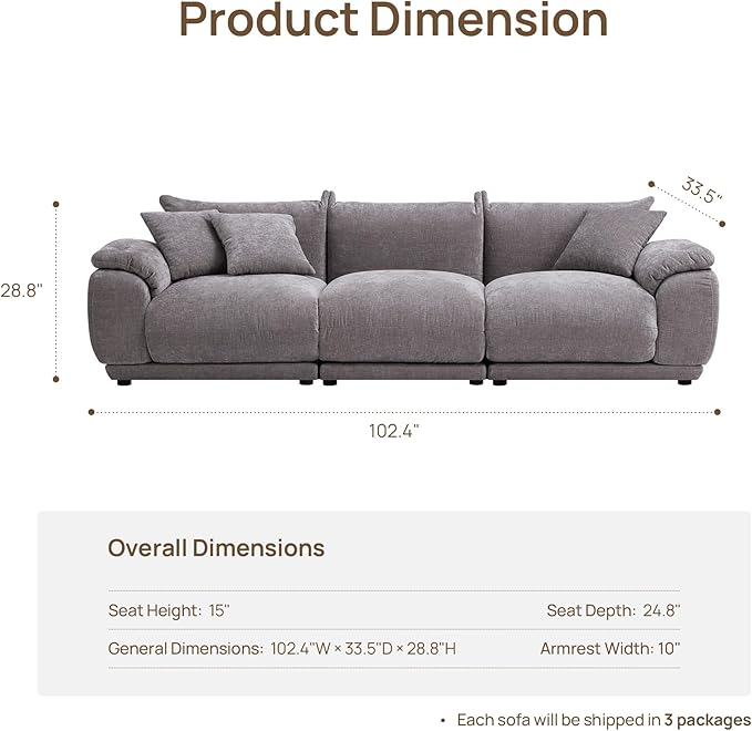 SICOTAS 102 Modular Sofa for Living Room - Cloud Sectional Sofa with Deep Seat &amp Removable Cover Modern 3-Seat Chenille Couch Sofas Set for Apartment Grey