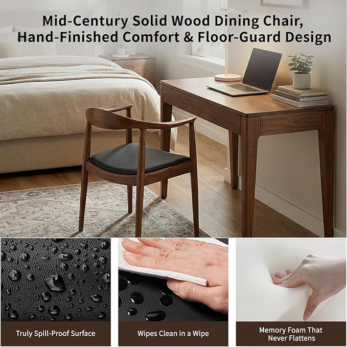 Polynices Mid Century Modern Dining Chair Pu Upholstered Kennedy Chair Solid Wood Armchair for Dining Room Kitchen Office Living Room .(Walnut)