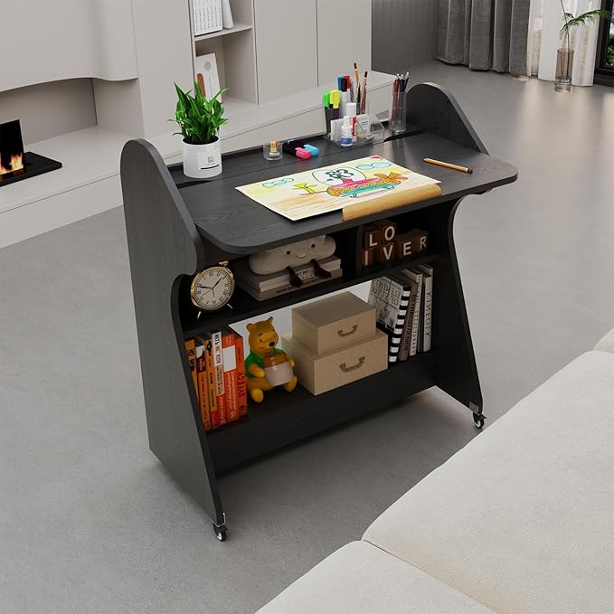 Pmnianhua Portable Mobile Desk on Wheels with Adjustable Angle TaletopHome Office DeskRolling Computer Desk with Wheels and Storage for Home Office Small Space(Black)