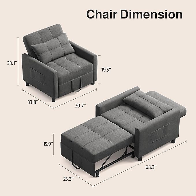 Ahomly Convertible Sofa Bed 3-in-1 Multi-Functional Sleeper Chair Bed Adjustable Backrest Recliner with Modern Linen Fabric for Living Room Bedroom Apartment Small Space Dark Grey