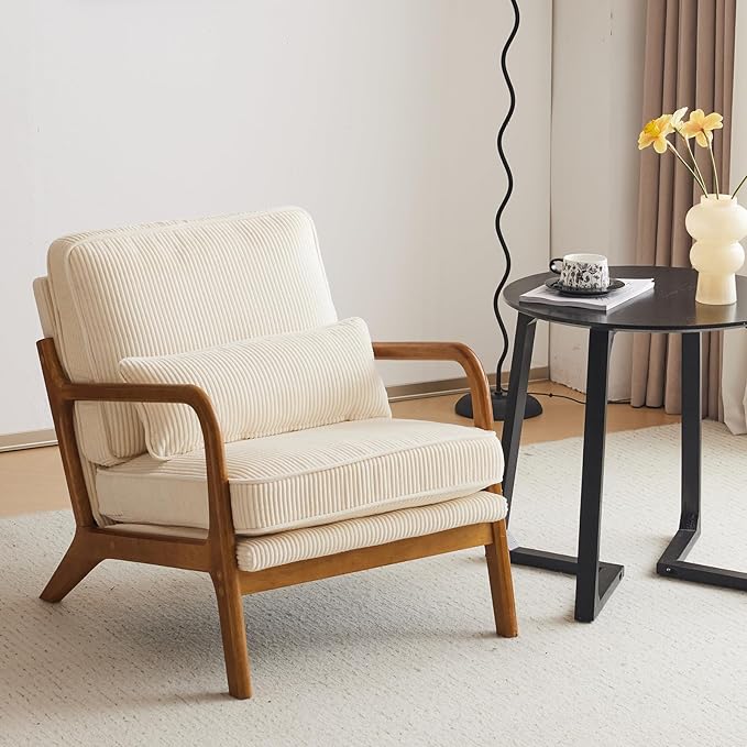 Karl home Mid-Century Modern Accent Chair Living Room Chairs with Pillow Corduroy Upholstered Lounge Armchair with Solid Wood Frame &amp Soft Cushion for Bedroom Reading Room Beige