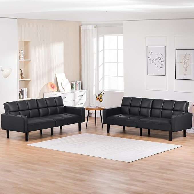 COMHOMA 76 inch Futon Sofa BedMid Century Modern Futon Couch with Adjustable BackrestFabric Convertible Sofa CamaFolding Sleeper Sofa for Living RoomBedroom (Black)