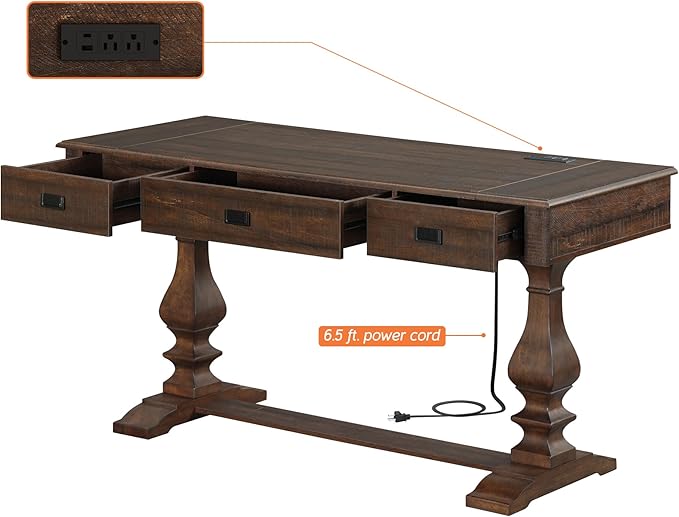 WAMPAT 60-inch Vintage Wood Home Office Desk with Stable Solid Wood Pedestral Legs Tradional Rustic Executive Desk with Deep Drawers and Power Outlets for OfficeStudyDark Walnut Brown