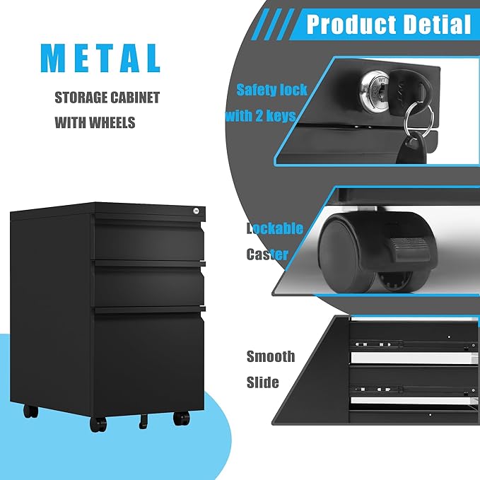 Locking Metal Pedestal Under Desk Metal Filing Cabinet Black Mobile 3 Drawers File Storage Cabinets with Wheel for Home Office Legal/Letter Size Fully Assembled Except Wheels