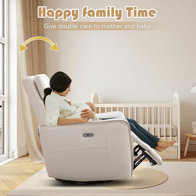 EBELLO Faux Leather Power Recliner Chair Electric Reclining Sofa with USB Charging Port Metal Swivel and Rocking Chair Seat for Small Living RoomBeige