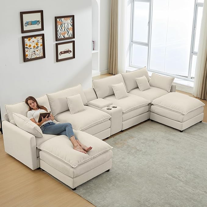 145 Oversized Modular Sectional Sofa U Shaped Cloud Couch 6 Seat Sofa Set for Living Room Comfy Fluffy Chenille Deep Seat with Storage Central Console Movable Ottomans Cup Holders USB Ports White