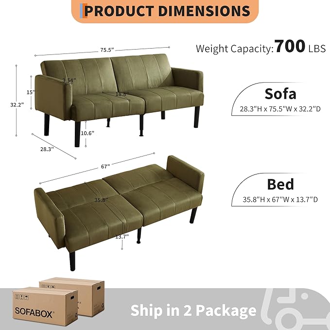 75.5” Convertible Futon Sofa Bed Linen Flannel Small Couch Sofa with Wood Legs &amp 700lbs Capacity Adjustable Folding Loveseat Mid Century Modern Futon Couch Cozy Couches for Living Room - Green
