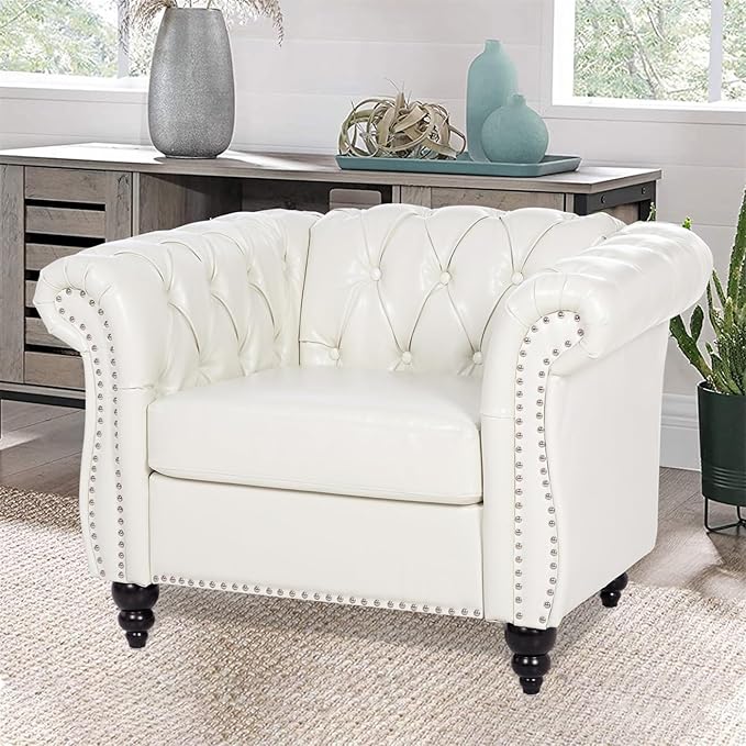 White Chesterfield Accent Chair Faux Leather Upholstered Tufted Wingback Club Chair Mid-Century Modern Living Room Chair with Sturdy Wood Frame Comfy Oversized Armchair for Bedroom Office