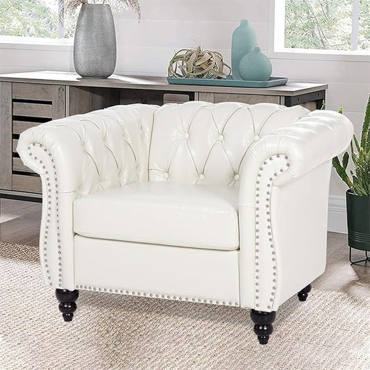 White Chesterfield Accent Chair Faux Leather Upholstered Tufted Wingback Club Chair Mid-Century Modern Living Room Chair with Sturdy Wood Frame Comfy Oversized Armchair for Bedroom Office